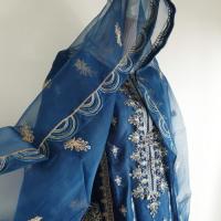 瑠璃色の刺繍サルワールカミーズ　3点セット