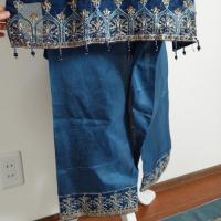 瑠璃色の刺繍サルワールカミーズ　3点セット